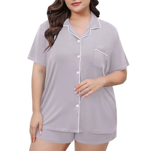 SWOMOG Women's Plus Size Pajamas Set Button Down Tops Short Sleeve Sleepwear Soft Pajama Shorts 2 Pcs Lounge Sets With Pocket