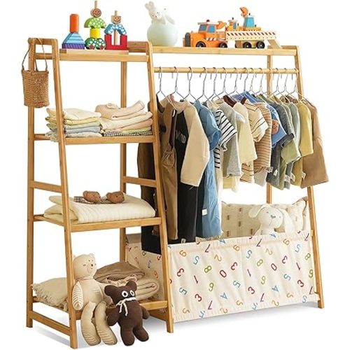 Kids Clothing Rack- Toddler Dress Up Rack with 5-Tier Open Shelves & Storage Bag, Baby Clothes Rack Small, Bamboo Garment Rack & Free Standing Clothes Rack, Mini Clothing Rack for Playroom