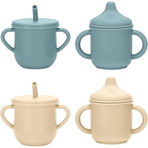 Silicone Toddler Cups Set, 2 Straw Cups and 2 Sippy Cups for 6+ Months Baby, Leakproof Spillproof Training Cups with Handles, Easy Clean (Green+Beige)