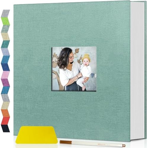 Photo Album Self Adhesive with Picture Display Window,40 Pages DIY Scrapbooking Supplies Kit for 4x6 8x10 Picture,Linen Cover Memory Book for Baby Wedding, with Scraper and Metallic Pen