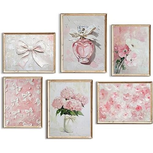 Pink Nursery Wall Art Floral Bow Canvas Prints Girls Room Wall Decor Pink Flower Pictures Coquette Aesthetic Poster Vintage Baby Nursery Artwork Painting for Bedroom Living Room 8x10x6 Inch Unframed