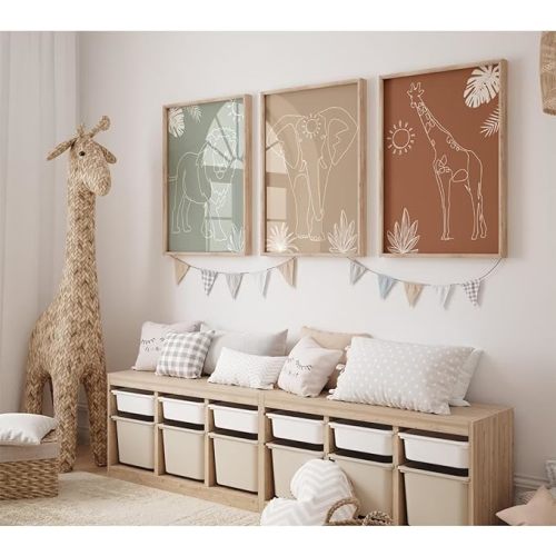 Safari Nursery Wall Art Pictures Baby Animal Canvas Wall Decor Boho Jungle Wall Art Kids Minimalist Poster Elephant Giraffe Lion Prints Nursery Safari Artwork for Bedroom 12x16 Inch Wood Framed Set of 3