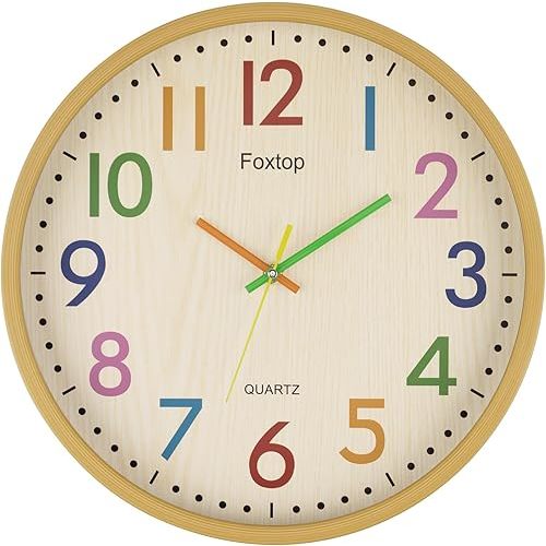 Foxtop Reloj de pared para niños de 14 pulgadas, silencioso, sin tictac, funciona con pilas, colorido reloj de pared para niños, sala de juegos, guardería, dormitorio, habitación de los niños, escuela