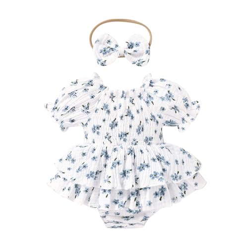 Happy Town Baby Girl Clothes Infant Summer Romper Dress Ruffle Short Sleeve Jumpsuit with Headband Cute Toddler Outfits