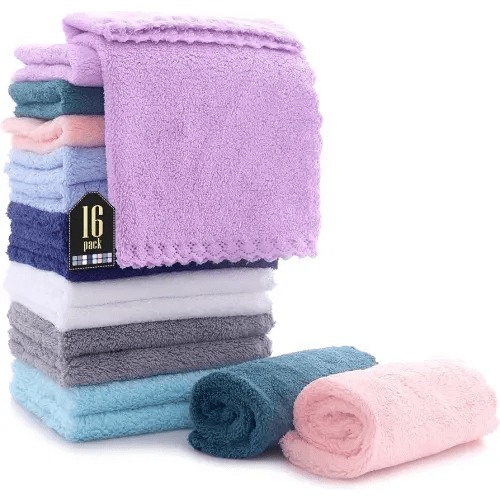 16 Pack Baby Washcloths - Luxury Multicolor Coral Fleece - Extra Absorbent and Soft Wash Clothes for Newborns, Infants and Toddlers - Suitable for Sensitive Skin and New Born - Baby Shower, 10x10 Inch