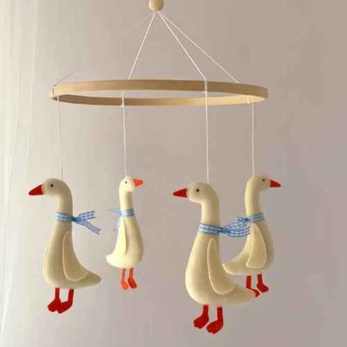 Cute Ducks Crib Mobile - Handmade Felt Ducks with Blue Gingham Bows Nursery Decor for Baby Boys & Girls