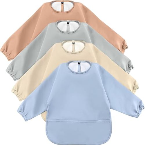JaGely 4 Pack Long Sleeve Baby Bibs Waterproof Smock Bid with Elastic Cuffs Large Pocket for Baby Eating Feeding 6-36 Months(Soft Color)