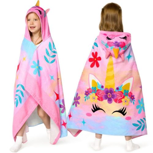 Joyfy Kids Unicorn Hooded Bath Towels, 30" x 50" Premium 100% Cotton Beach & Pool Towels for Girls Aged 3-10, Soft Absorbent Bath and Swim Towel Wrap