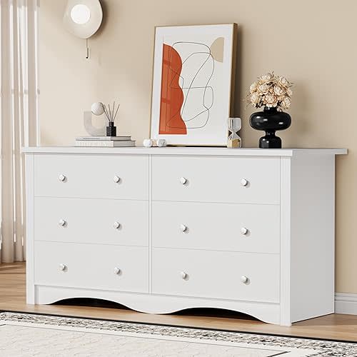 YESHOMY Dresser for Bedroom with 6 Drawers, Modern Chest of Drawers, Wooden Dressers, TV Stand for Living Room,Closet, Hallway (White)