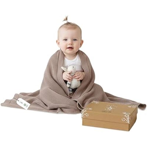 100% Organic Cotton Baby Knitted Blanket with Gift Box - Soft Toddler, Crib, Stroller Blanket - Neutral Swaddle and Receiving Blanket for Newborns, 30"x40", Mocha Meringue
