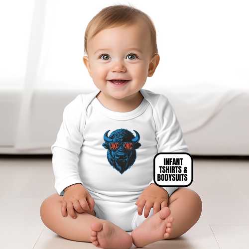 Infant OKC Basketball Apparel, Newborn Baby Bodysuit and Short Sleeve Shirt, Boys & Girls OKC Baby Shower Gift, Mascot Glasses