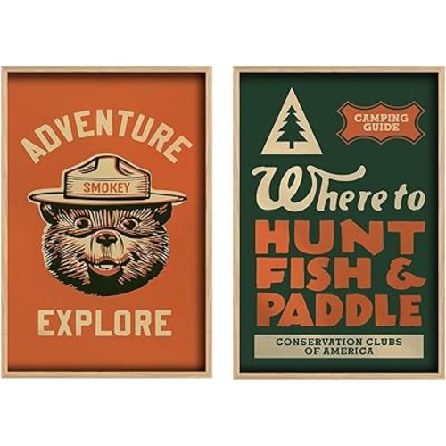 Cute Wall Art Outdoors Art Poster Nursery Prints Vintage Animal Painting Prints Decor Retro Camping Poster Set of 2 Unframed 16x24inch for Rustic Wall Cabin Garage Hunting Lodge Kids Room Office