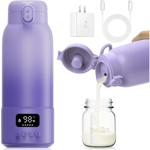 Portable Bottle Warmer, 17oz Large Capacity Milk Warmer for Baby, Fast Heating for Breast Milk & Formula & Water, Long Battery Life Portable Milk Warmer for Travel with Pasteurization, Purple