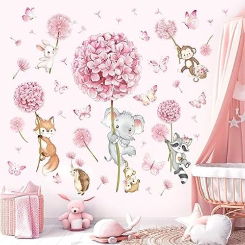 decalmile Animal Flower Pink Dandelion Wall Stickers Forest Animals Elephant Fox Monkey Wall Decals Baby Nursery Girls Bedroom Kids Room Wall Decor