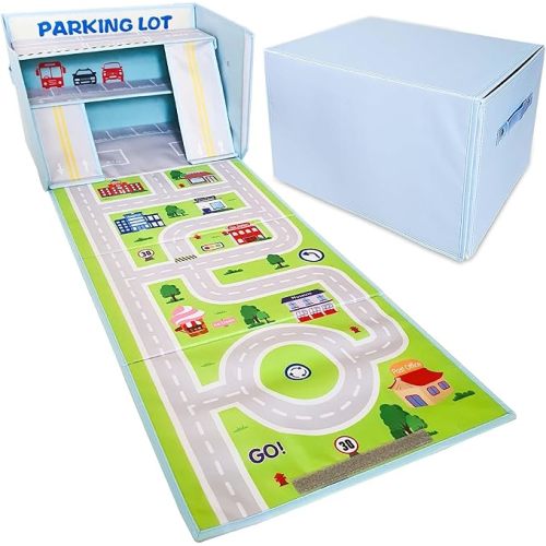 Toy Car Garage Box with Play Mat – Kids' Racecar Storage Basket, Stackable and Collapsible Organizer Bin (Cars Not Included)