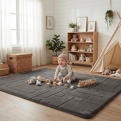 Baby Play Mat for Floor, 1.3" Thick 59x79 Plush Soft Foam Mats for Toddler Kids Crawling, Non-Slip Easy Care Nursery Rug for Playroom Living Room (Dark Grey)