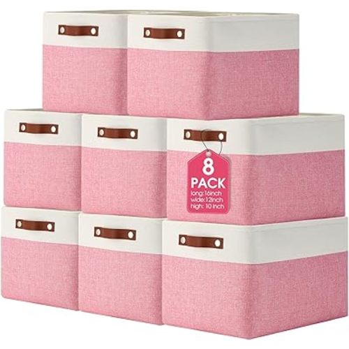 Uiifan 8 Pack 16 x 12 x 10 Inch Large Storage Baskets Collapsible Fabric Storage Cubes Bins with Handles for Shelves Closets Nursery Home Clothes Toys Organizers, Pink