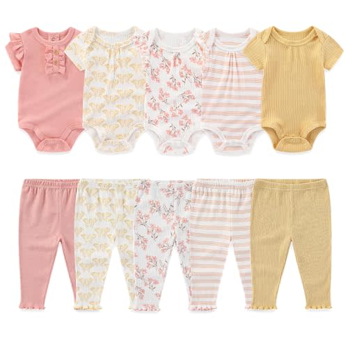 Kiddiezoom Newborn Baby Layette Set 10-Piece with Bodysuits and Pants Set for Unisex Baby Gift Sets