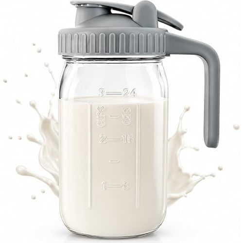 32oz Glass Milk Pitcher with Lid, Double Leak-Proof Design with Pour Spout & Handle, 1 Quart Wide Mouth, Fridge & Dishwasher Safe, Milk Container for Coffee, Creamer, Sun Tea & Juice(Grey)