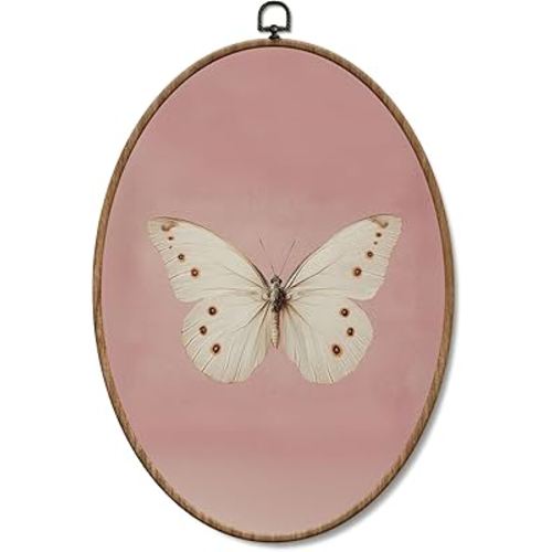 Yorhifa Vintage White Butterfly Framed Wall Art, Neutral Butterfly Oval Wall Art, Retro Pink Aesthetic Insect Oval Walls Decor, Rustic Moth Canvas Artwork Hanging Decor, 8.5x11.5 Inch