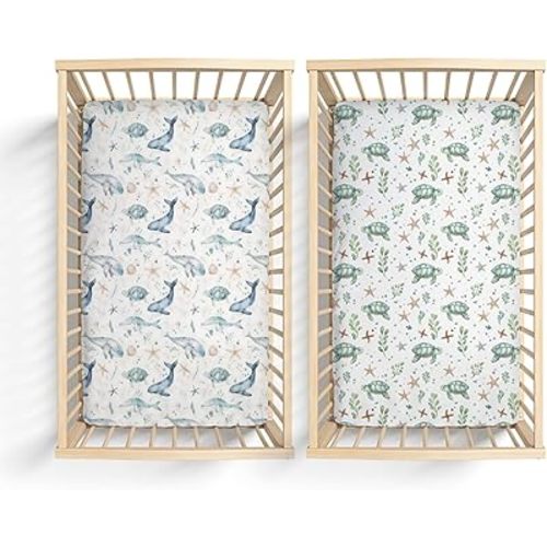 2 Pack Watercolor Ocean Animals Whale Sea Turtle Starfish Pattern Baby Sheets for Crib, Unisex Ocean Nursery Fitted Bed Sheet for Boys Girls Standard Crib and Toddler Mattress-28x52
