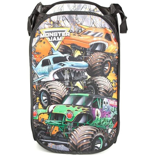 Jay Franco Monster Jam Break Out Pop Up Hamper - Mesh Laundry Basket/Bag with Durable Handles - Features Grave Digger & Megalodon