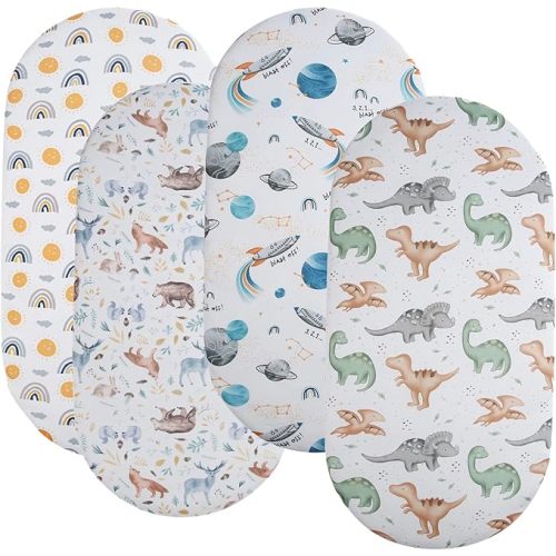 Bassinet Sheet Set 4 Pack Snug Fitted Cradle Fitted Sheets, Stretchy Ultra Soft, for Oval Rectangle Hourglass Bassinet Mattress, Unisex Boy Girl, Sun/Forest Deer/Space/Dinosaur