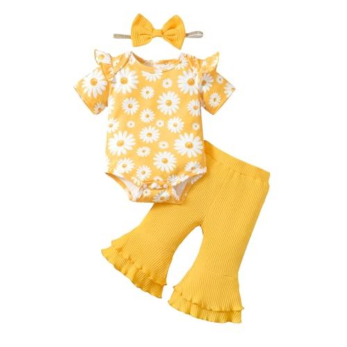 SUNNY PIGGY Baby Girl Clothes Ruffle Short Sleeve Romper Long Pants Set with Headband Newborn Infant Outfits