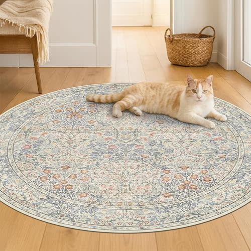 Beige Blue Round Nursery Rug 5ft - Pastel Circular 5x5 Rug for Kids Room, Living Room, Bedroom, Playroom, Home Office, Washable Non Slip Cozy French Country Style Aesthetic Room Decor