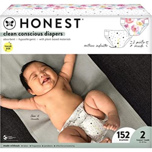 The Honest Company Clean Conscious Diapers | Plant-Based, Sustainable | Young At Heart + Rose Blossom | Super Club Box, Size 2 (12-18 lbs), 152 Count