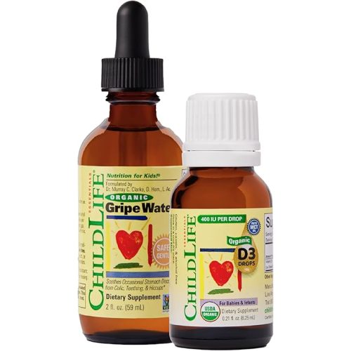 CHILDLIFE ESSENTIALS Organic Gripe Water + Vitamin D3 Drops for Babies, Infants, & Newborns - Gas & Colic Relief, Immune & Bone Health Support, 400 IU per Vitamin D3 Liquid Drop, USDA Organic - 2-Pack