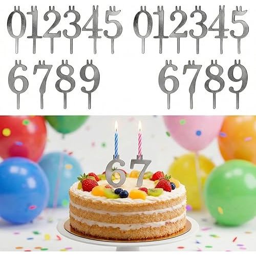 20 PCS (2 Sets) Reusable Number Candle Holder Set for Birthday Cakes - Metal Number Candle Holders Stand - Silver Cake Topper Decorations