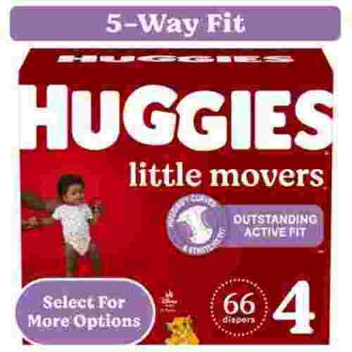 Huggies Little Movers Hypoallergenic Baby Diapers, Size 4, 66 Ct, Dermatologist-Tested, Best Fitting