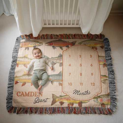 Fish Baby Milestone Blanket, Custom Woven Growth Chart, Trout Fishing Nursery, Mallard Duck, Hunting Baby Shower, Woodland Boy Nursery
