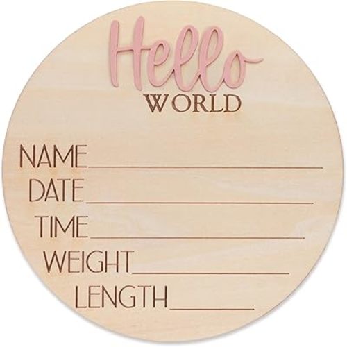 Hello World Wooden Baby Birth Announcement Sign, Newborn Name Date Time Weight Length Board, Neutral Nursery Decor Photo Prop Keepsake (Light Pink)