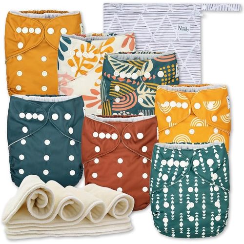 Nora's Nursery Cloth Diapers 7 Pack with 7 Inserts & 1 Wet Bag - Waterproof Cover, Washable, Reusable & One Size Adjustable Pocket Diapers for Newborns and Toddlers - The Keys