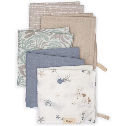 Crane Baby Wash Cloth Set, 100% Cotton, Set of 5 Baby Washcloths, Sea Life Starfish Theme, Newborn Muslin Baby Washcloths, Baby Registry Gift