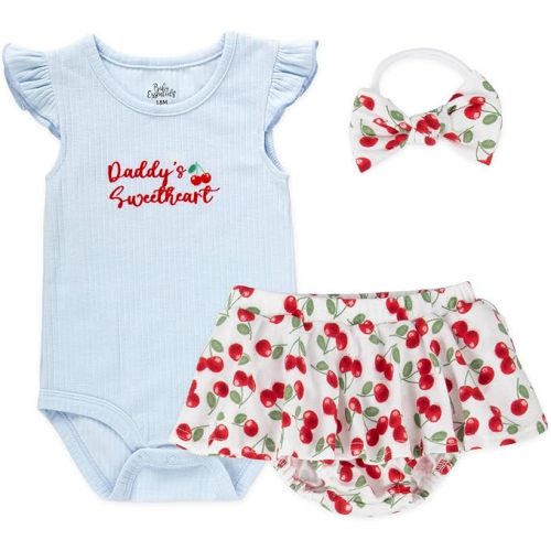 Baby Essentials Baby Girl Outfit Set,3 Piece Short Set with Ruffle Sleeve Bodysuit, Bloomers & Headband,Gift Collection
