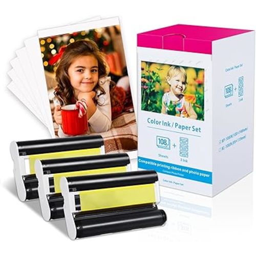 Compatible Canon Selphy CP1500 CP1300 Paper and Ink, KP-108IN 3 Color Ink Cartridges and108 Sheets 4x6 Photo Paper 3xKP-36IP for Selphy CP1200 CP910 CP800 CP780 CP740 Compact Photo Printers