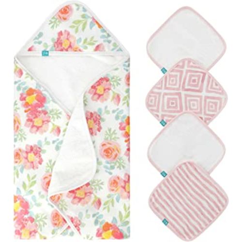 Featherhead™ 5-Piece 100% Cotton Muslin Hooded Bath Towel & Washcloths Set for Baby Girl - Ultra Soft and Extra Absorbent - Newborn Essential & Perfect Baby Registry Gift (Garden Floral)