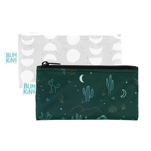 Bumkins Reusable Snack Bags, for Kids School Lunch and for Adults Portion, Washable Fabric, Waterproof Cloth Zip Bag, Supplies Travel Pouch, Food-Safe Storage, 2-pk Desert Night Dk. Green and Gray