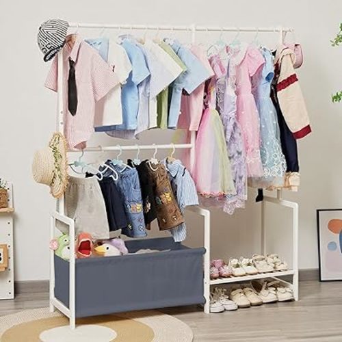 Kids Clothing Rack with Storage, Baby Clothes Rack Organizer Made of Natural Bamboo, Adjustable Hanging Rods for Dresses, Jackets, T-Shirts, Child Safe kids closet for Bedroom or Playroom (white)