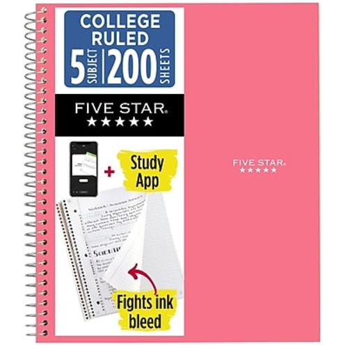 Five Star Spiral Notebook Plus Study App, 5 Subject, College Ruled, 8.5" x 11", Prom Pink (820004R)