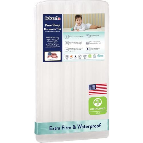 Kolcraft Pure Sleep Therapeutic Breathable Crib Mattress plus Toddler Bed Fit, GREENGUARD GOLD Certified, Made in USA, 150 Extra Firm Posture Support Coils, Non Toxic, Safety & Quality Tested, 52"X28"