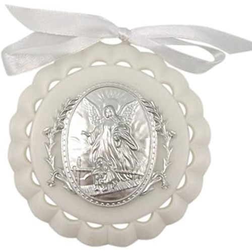 Moulded Acrylic White Crib Medal with Guardian Angel for Baby Nursery Decor, 3 1/2 Inch