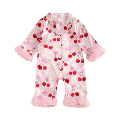 MAINESAKA Baby Girl Satin Pajamas Bow Print Silk Romper Pjs Long Sleeve Feather Trim Button Down One-Piece Sleepwear Jumpsuit