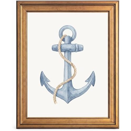 Framed Canvas Wall Art Minimalist Watercolor Marine Anchor Dusty Blue Coastal Theme Canvas Print Poster Gold Frame Wall Decor for Bathroom Nursery Nautical Art, Ocean Decor - Inch 8x10