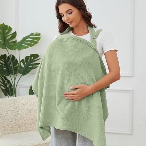Muslin Nursing Cover for Baby Breastfeeding, Breathable 100% Cotton Breastfeeding Cover with Rigid Hoop for Mother Nursing Apron (Sage Green)