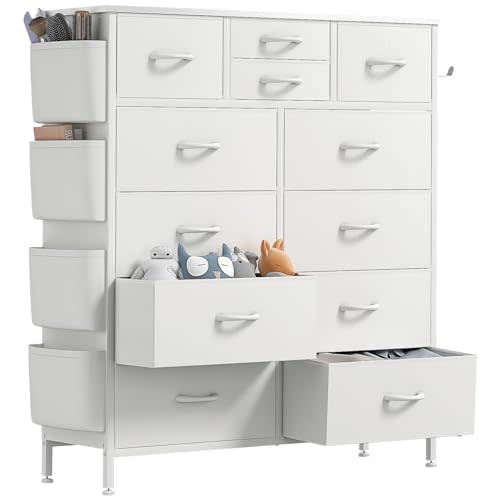 Lulive Fabric Dresser for Bedroom, Tall Dresser Chest of Drawers with Side White Pockets and Hooks, Free Standing Organizer White