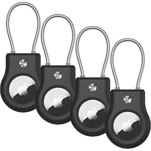 AirTag Holder 4 Pack - Air tag Lock Case with Wire Cable Compatible with Apple AirTags, Ultra Durable Anti-Lost Protective Case with Keyring for Luggage, Key, Backpack, Pet（Black）